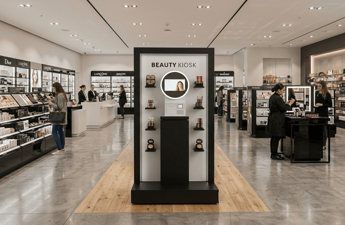 Zuil «Beauty Kiosk» met scherm en make-upproducten midden in een parfumerie, tussen merkenstands